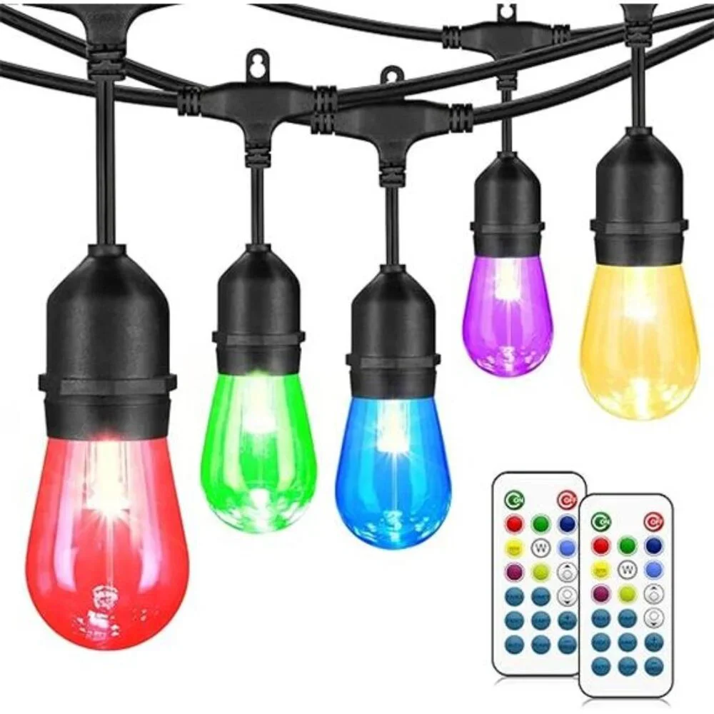 48FT Outdoor Patio Lights Waterproof Dimmable with Remote, RGB Cafe LED Lights